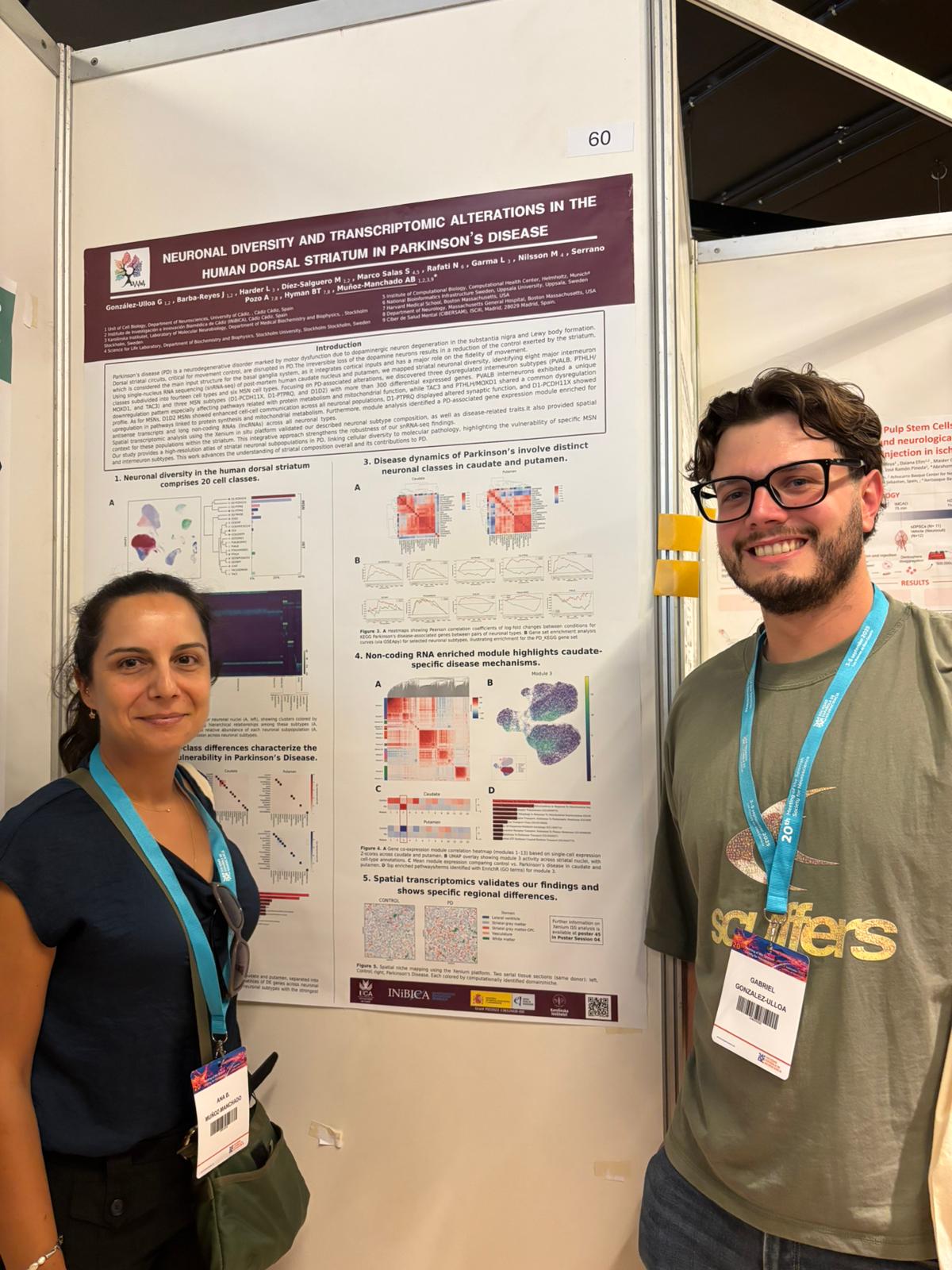 Team members presenting poster #60 'NEURONAL DIVERSITY AND TRANSCRIPTOMIC ALTERATIONS IN THE HUMAN DORSAL STRIATUM IN PARKINSON'S DISEASE' at the conference